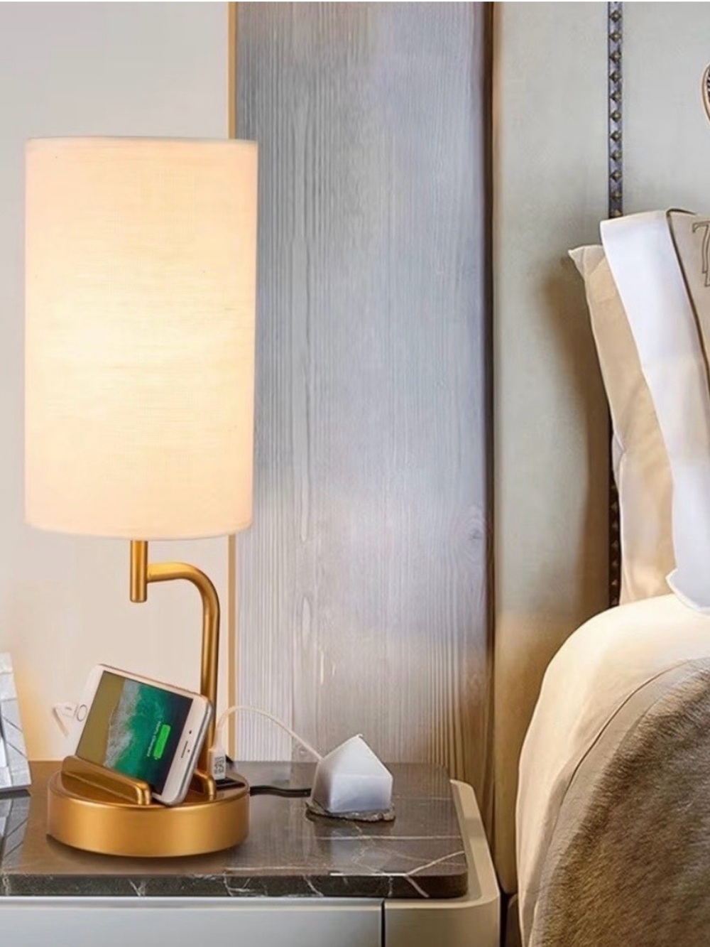 Touch Control Table Lamp Gold Base Linen Shade 3‑Way Dimmable USB C/A + AC